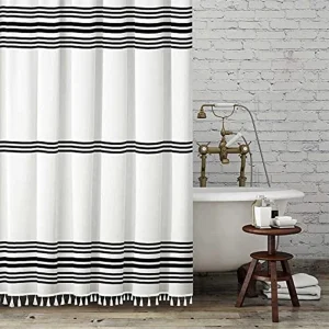 Boho Shower Curtain Modern Fabric Shower Curtain with Tassels Striped Shower Curtain Set 72 x 72 Black and White