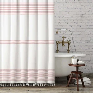 White and Pink Striped Shower Curtain with Tassels Fabric Shower Curtain for Bathroom Shower and Bathtub, 72 x 72 Inches Pink