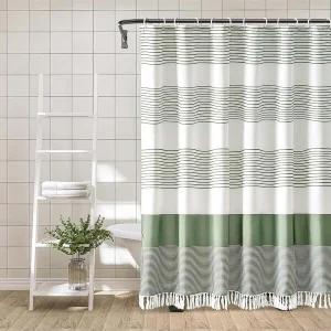 Shower Curtain for Bathroom Stripe Tassel Shower Curtain 72 X 72 Inches Boho Farmhouse Linen Cloth Shower Curtain Set with Hooks, Water Repellent, Wrinkle Free,72x72 Green