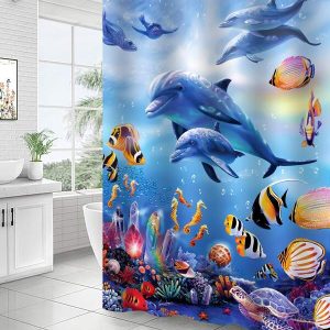 1pc Dolphin & Turtle Printed Waterproof Polyester Shower Curtain, Modern Style Bathroom Divider Curtain, Mildew Resistant Multicolor