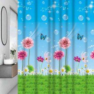 1pc Spring Lawn Flower Pattern Printed Shower Curtain Peva Waterproof Fabric With Free Hook Multicolor