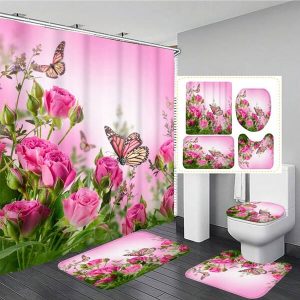 1pc Romantic Butterfly & Floral Polyester Waterproof Heat Insulated Home Decoration Shower Curtain With 12 Hooks Or 4pcs/set 1.3cm Thick Anti-slip Bathroom Mat Set, Suitable For All Scenarios Multicolor