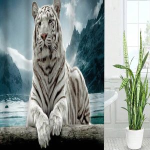 1pc Polyester White Tiger Print Waterproof Shower Curtain For Bathroom Multicolor