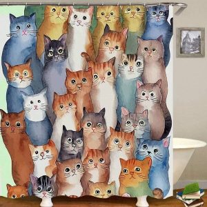 Cute Cats Pattern Shower Curtain Blue Brown Black Cats Bathroom Shower Curtain Cartoon Animals Waterproof Bath Curtain With 12 Hooks Bathroom Decor 72 X 72 Inch Multicolor