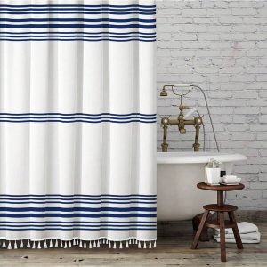 Seasonwood Modern Farmhouse Striped Shower Curtain With Tassels 72 X 72 Inch Neutral Waterproof Fabric Shower Curtains For Bathroom Blue Striped