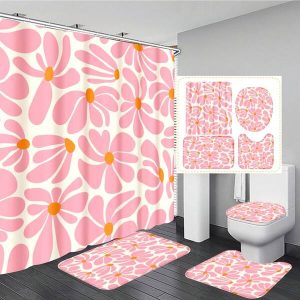 1pc/4pcs Simple Art Flower Pattern Decor Multi-Functional Shower Curtain With 12 Hooks Anti-Slip Bathroom Mat U-Shaped Toilet Floor Mat And Round Toilet Lid Cover Set Suitable For All Scenes Used In The Bathroom Pink