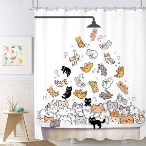 Cute Cat Shower Curtain For Kids Children Funny Cartoon Animal Raining Colorful Hilarious Lovely Pets Playing Water Bathroom Waterproof Polyester Fabric Bathtub 12 Pack Hooks Multicolor