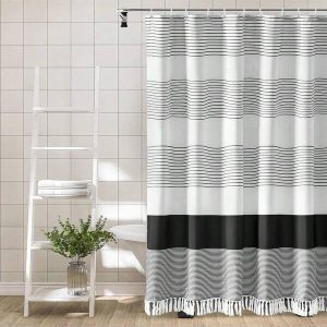 Black And White Shower Curtain For Bathroom Black Tassel Stripe Shower Curtain 72 X 72 Inches Boho Farmhouse Linen Fabric Shower Curtain Waterproof Shower Curtain With Hooks Black