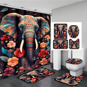 1pc/4pcs Waterproof Durable Elephant Animal Pattern Multi-Functional Decor Shower Curtain With 12 Hooks, Bathroom Anti-Slip Mat, U-Shaped Floor Mat And Round Toilet Seat Cover Mat, All-Scene Bathroom Set Multicolor