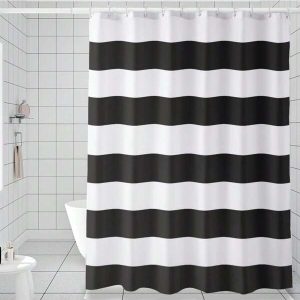 AmazerBath Navy Blue Shower Curtain Stripes, 72" W X 72" H Blue And White Shower Curtain, Fabric Shower Curtain For Bathroom, With 2 Heavy Stones Black