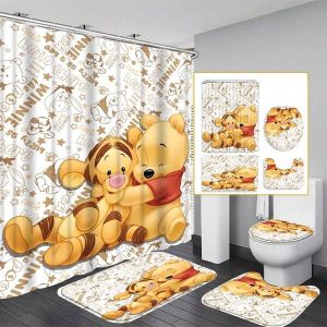 1/4pcs Cartoon Yellow Cute Shower Curtain With Tigger Print, Polyester Waterproof And Mildewproof Bathroom Set, No-Drilling Needed, Easy To Install, With 12 Hooks, Great Gift For Family Style a