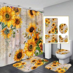 1pc Sunflower Print Simple Design Shower Curtain Or Mat Set For Bathroom With 12 Shower Curtain Hooks Gift Multicolor