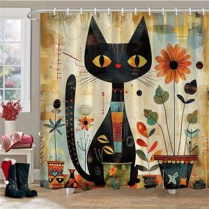 1pc Rustic Black Cat And Sunflower Shower Curtain, Vintage Watercolor Cartoon Cat Design, Polyester Fabric Bathroom Decor With Hooks, Washable, 70.8x70.8 Inches Multicolor