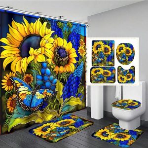 1pc/4pcs Sunflower & Butterfly Multifunctional Decorative Bathroom Waterproof Shower Curtain With 12 Hooks, Bathroom Anti-Slip Mat, U-Shaped Mat And Round Toilet Lid Mat Bathroom Set, Suitable For All Scenarios Multicolor