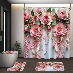 1/4pcs Modern 3D Pink Flower Curtain Bathroom Set - Romantic And Cute Green Plant Flower Shower Curtain, Bathroom Floor Mat Non Slip Mat, Bathroom Accessories Decoration, Equipped With 12 Plastic Hooks, 70.8 "Wx70.8" H Multicolor