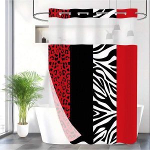 1pc No Hook Shower Curtain With Snap-In Fabric Liner Set For Bathroom, Modern Art Leopard Pattern Checkered Stripe Shower Curtain With See Through Top Window, Waterproof And Washable, 70.8x74inch Red and Black