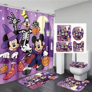 1pc/4pcs Branded Collaborative Design Decorative Bathroom Shower Curtain Set With 12 Hooks, Anti-Slip Bathroom Mat, U-Shaped Mat, And Round Toilet Seat Cover Mat, Suitable For All Bathroom Settings Multicolor