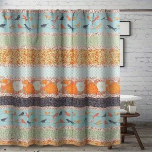 Barefoot Bungalow Carlie Florals And Whimsical Songbirds Shower Curtain 72"X72" Calico Stripe Calico Stripe