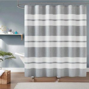 WARM HOME DESIGNS White Waffle Shower Curtain With Fabric Stripes. Each Waffle Weave Shower Curtain Measures 70 X 72 Inches. Striped Shower Curtains For Bathroom. Grey