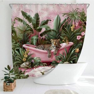 72" X 72" Original Design Pink Bathtub Leopard Pattern Waterproof Shower Curtain With 12 Hooks Pink