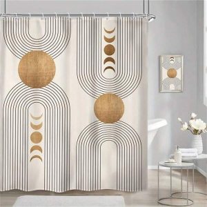 1pc Mid Century Boho Shower Curtain - Eye-Catching Abstract Design With Sun, Moon Phases & Geometric Lines, Waterproof Polyester Fabric, 12 Rust-Resistant Hooks, Instantly Elevates Home Decor Multicolor