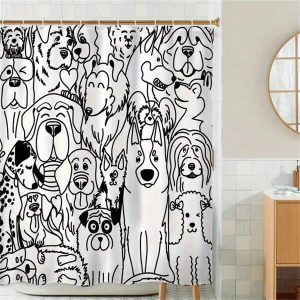 1pc Country Cartoon Puppy Shower Curtain - Adorable Black & White Line Drawing, Waterproof Decor For Bathroom, Stylish Home Accent With 12 Plastic Hooks,  And Easy-Care Black and White