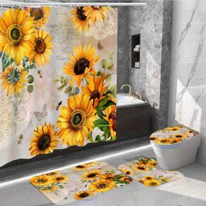 Sunflower Shower Curtain,Waterproof Shower Curtain Set With 12 Hooks And Bath Mats Toilet Covers Seat For Bathroom Non-Slip Rug Carpet Polyester Fabric Curtain For Bathroom Accessories Home Decor Multicolor