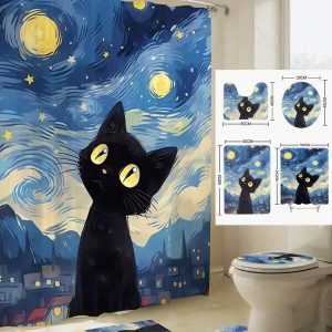 1pc Lovely Black Cat In Moonlight Shower Curtain Including 12 Hooks, Anti-Mold And Waterproof Bathroom Decor, Modern Style Bathroom Divider Curtain With No Drill Required, 72*72 Inches Multicolor