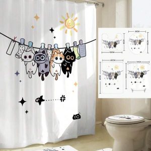 1pc Cute Cat Printed Shower Curtain With 12 Hooks, Anti-Mildew Waterproof Bathroom Decoration, Modern Style Bathroom Partition Window Curtain, No Drilling Required, 72*72 Inches Multicolor