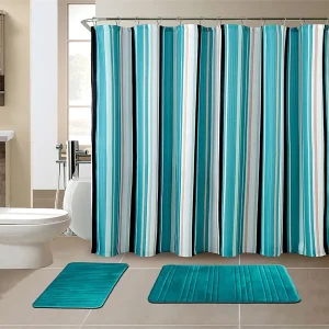 Christmas Halloween Birthday Party Decoration 15-Piece Bathroom Set With 2 Memory Foam Bath Mats And Matching Shower Curtain+12 Silver Roller Ball Shower Curtain Hooks Christmas Gift | Designer Patterns And Colors STRIPE TURQUOISE