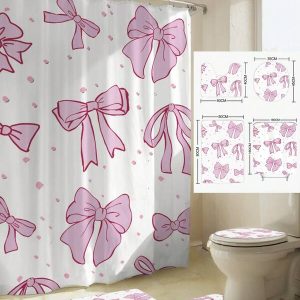 1pc Lovely Pink Bow Print Shower Curtain With 12pcs Hooks, Mildew-Resistant Waterproof Bathroom Decor, Modern Style Bathroom Divider Curtain, No Drilling Shower Curtain, Bathroom Non-Slip Mat, Toilet Seat Cover" Multicolor