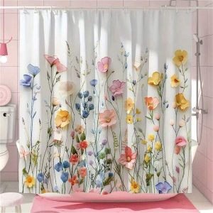 1pc Rustic Floral Shower Curtain - Waterproof Polyester Fabric, Machine Washable, 12 Hooks, White Yellow Pink Purple Flowers - Farmhouse Bathroom Decor, Bathtub And Home Decoration Multicolor