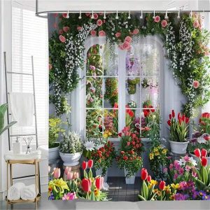 Garden View Shower Curtain With Floral Arch Window Design, Polyester Woven Fabric, Washable, Includes Hooks, All-Season Decorative Bathroom Curtain With High-Definition Digital Print Of Roses, Tulips, And Greenery Multicolor