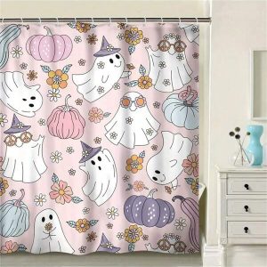 Halloween Cartoon Ghosts And Pumpkins Shower Curtain, Water-Resistant Polyester Fabric With 12 Plastic Hooks, Machine Washable, Unlined Woven Artistic Bathroom Decor Multicolor