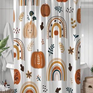 Autumn Pumpkin Bathroom Curtain Decor Set, Cute Cartoon Abstract Fall Rainbow Botanical Thanksgiving Harvest Art Print Polyester Shower Curtain, Waterproof Bathroom Privacy Divider With Plastic Hooks Multicolor