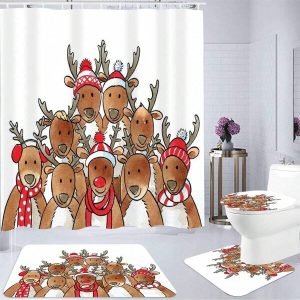 1pc/4pcs Christmas Reindeer Simple Cartoon Bathroom Christmas Decor Bath Curtain, Room Window Curtains With Hooks, Anti-Slip Bath Mat, Holiday Gift Set 7