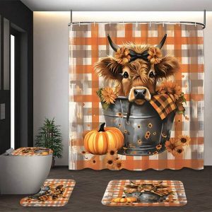 1/4Pcs Farmhouse Cow Autumn Shower Curtain Set, Orange Grid Sunflower Pumpkin Bathroom Shower Curtain Bath Mat With 12 Plastic Hooks, Bathroom Decoration 70.8Wx70.8H Multicolor