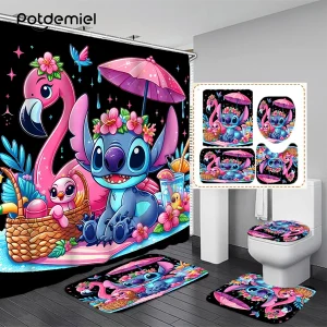 POTDEMIEL Authorization - POTDEMIEL 1pc/4pcs 70*70inch/180*180cm Shower Curtain Set Bathroom Cartoon Stitch Umbrella, Pink Swan Shower Curtain, Non-Slip Carpet, Toilet Mat, Bath Mat Bathroom Decoration, Floor Mat, Bathroom Set Cute Cartoon Shower Curtain With 12 Hooks Non-Slip Bath Mat, U-Shaped Toilet Seat, Toilet Seat, Decoration, For Daily Bathroom Decoration, Suitable For All Bathroom Scenes Multicolor