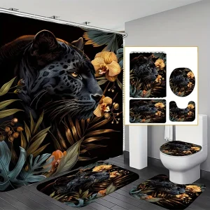 1pc/4pcs Animal Print Shower Curtain, Wild Springtime Meadow Blooming Flowers And Animal Skin Details, Cloth Fabric Bathroom Decor Set With Hooks, Fall Autumn Decora Multicolor