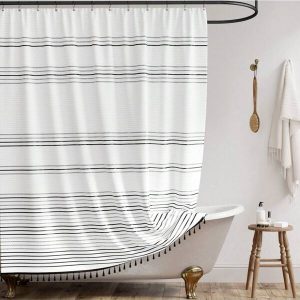 Vangao Boho Shower Curtain With Tassels Fabric Striped Shower Curtain For Bathroom Modern Shower Curtain Waterproof 70x72 Inches Long Shower Curtains Set With Curtain Hooks Black