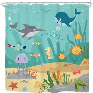 Funny Cartoon Seahorse Shower Curtain Beach Whale Fabric Bathroom Decor With Hooks Multicolor