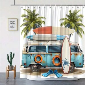 Summer Vacation-Themed Shower Curtain With Cartoon Bus, Surfboard & Palm Trees - Waterproof Polyester, Includes Hooks, Perfect For Home & Dorm Bathrooms,   Christmas Halloween Gift Decoration Multicolor