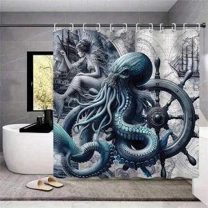 Water-Resistant Octopus Nautical Shower Curtain, Polyester Fabric, Fashion Animal Theme, Includes 12 Hooks Multicolor